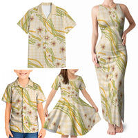 Melemele Ahiahia Hawai'i Palaka Plumeria Family Matching Tank Maxi Dress and Hawaiian Shirt Puakenikeni and Maile Lei