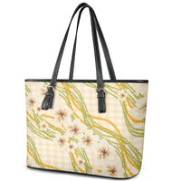 Melemele Ahiahia Hawai'i Palaka Plumeria Leather Tote Bag Puakenikeni and Maile Lei