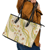 Melemele Ahiahia Hawai'i Palaka Plumeria Leather Tote Bag Puakenikeni and Maile Lei