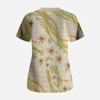 Melemele Ahiahia Hawai'i Palaka Plumeria Scrub Top Puakenikeni and Maile Lei