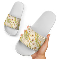 Melemele Ahiahia Hawai'i Palaka Plumeria Slide Sandals Puakenikeni and Maile Lei