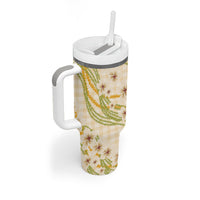 Melemele Ahiahia Hawai'i Palaka Plumeria Tumbler With Handle Puakenikeni and Maile Lei