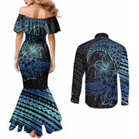 Floral Polynesian Hibiscus Tattoo Couples Matching Mermaid Dress and Long Sleeve Button Shirt Blue Gradient Style