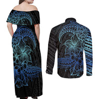 Floral Polynesian Hibiscus Tattoo Couples Matching Off Shoulder Maxi Dress and Long Sleeve Button Shirt Blue Gradient Style