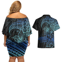 Floral Polynesian Hibiscus Tattoo Couples Matching Off Shoulder Short Dress and Hawaiian Shirt Blue Gradient Style