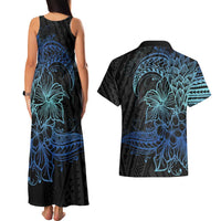 Floral Polynesian Hibiscus Tattoo Couples Matching Tank Maxi Dress and Hawaiian Shirt Blue Gradient Style
