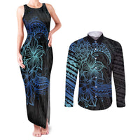 Floral Polynesian Hibiscus Tattoo Couples Matching Tank Maxi Dress and Long Sleeve Button Shirt Blue Gradient Style