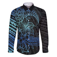 Floral Polynesian Hibiscus Tattoo Family Matching Short Sleeve Bodycon Dress and Hawaiian Shirt Blue Gradient Style LT9 Dad's Shirt - Long Sleeve Blue - Polynesian Pride