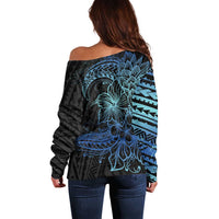 Floral Polynesian Hibiscus Tattoo Off Shoulder Sweater Blue Gradient Style