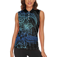 Floral Polynesian Hibiscus Tattoo Women Sleeveless Polo Shirt Blue Gradient Style