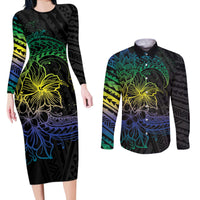 Floral Polynesian Hibiscus Tattoo Couples Matching Long Sleeve Bodycon Dress and Long Sleeve Button Shirt Green Gradient Style