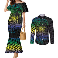 Floral Polynesian Hibiscus Tattoo Couples Matching Mermaid Dress and Long Sleeve Button Shirt Green Gradient Style