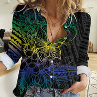 Floral Polynesian Hibiscus Tattoo Women Casual Shirt Green Gradient Style