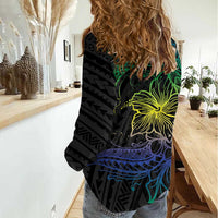 Floral Polynesian Hibiscus Tattoo Women Casual Shirt Green Gradient Style