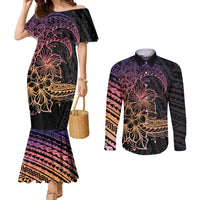 Floral Polynesian Hibiscus Tattoo Couples Matching Mermaid Dress and Long Sleeve Button Shirt Peach Gradient Style