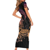 Floral Polynesian Hibiscus Tattoo Short Sleeve Bodycon Dress Peach Gradient Style LT9 - Polynesian Pride