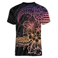 Floral Polynesian Hibiscus Tattoo Women V-Neck T-Shirt Peach Gradient Style