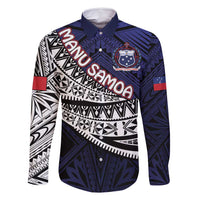 Custom Samoa Rugby Pacific Family Matching Off Shoulder Maxi Dress and Hawaiian Shirt Samoan Warrior Tribal Pattern LT9 Dad's Shirt - Long Sleeve Blue - Polynesian Pride