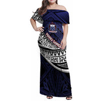 Custom Samoa Rugby Pacific Family Matching Off Shoulder Maxi Dress and Hawaiian Shirt Samoan Warrior Tribal Pattern LT9 Mom's Dress Blue - Polynesian Pride