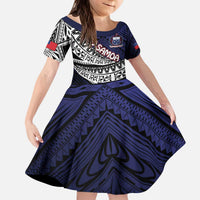 Custom Samoa Rugby Pacific Family Matching Puletasi and Hawaiian Shirt Samoan Warrior Tribal Pattern LT9 Daughter's Dress Blue - Polynesian Pride