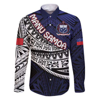 Custom Samoa Rugby Pacific Family Matching Puletasi and Hawaiian Shirt Samoan Warrior Tribal Pattern LT9 Dad's Shirt - Long Sleeve Blue - Polynesian Pride
