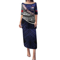 Custom Samoa Rugby Pacific Family Matching Puletasi and Hawaiian Shirt Samoan Warrior Tribal Pattern LT9 Mom's Dress Blue - Polynesian Pride