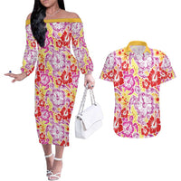 Palaka with Honu and Hibiscus Couples Matching Off The Shoulder Long Sleeve Dress and Hawaiian Shirt Hawaiian Heritage Spirit - Polynesian Pride