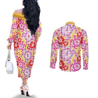 Palaka with Honu and Hibiscus Couples Matching Off The Shoulder Long Sleeve Dress and Long Sleeve Button Shirt Hawaiian Heritage Spirit - Polynesian Pride
