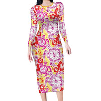 Palaka with Honu and Hibiscus Long Sleeve Bodycon Dress Hawaiian Heritage Spirit - Polynesian Pride