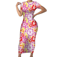 Palaka with Honu and Hibiscus Short Sleeve Bodycon Dress Hawaiian Heritage Spirit - Polynesian Pride