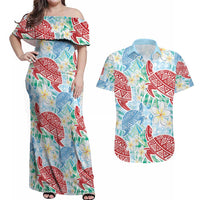 Palaka with Honu and Plumeria Couples Matching Off Shoulder Maxi Dress and Hawaiian Shirt Hawaiian Heritage Spirit - Polynesian Pride