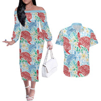 Palaka with Honu and Plumeria Couples Matching Off The Shoulder Long Sleeve Dress and Hawaiian Shirt Hawaiian Heritage Spirit - Polynesian Pride