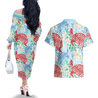 Palaka with Honu and Plumeria Couples Matching Off The Shoulder Long Sleeve Dress and Hawaiian Shirt Hawaiian Heritage Spirit - Polynesian Pride