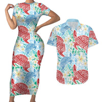 Palaka with Honu and Plumeria Couples Matching Short Sleeve Bodycon Dress and Hawaiian Shirt Hawaiian Heritage Spirit - Polynesian Pride