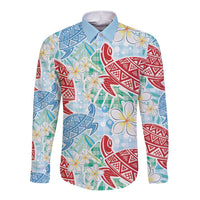 Palaka with Honu and Plumeria Long Sleeve Button Shirt Hawaiian Heritage Spirit LT9 Unisex Blue - Polynesian Pride
