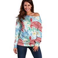 Palaka with Honu and Plumeria Off Shoulder Sweater Hawaiian Heritage Spirit - Polynesian Pride