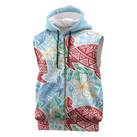 Palaka with Honu and Plumeria Sleeveless Zip Hoodie Hawaiian Heritage Spirit LT9 Blue - Polynesian Pride