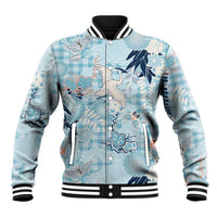 Blue Palaka Crane and Flowers Baseball Jacket Japan Heritage Spirit - Polynesian Pride