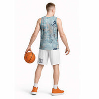 Blue Palaka Crane and Flowers Basketball Jersey Japan Heritage Spirit - Polynesian Pride