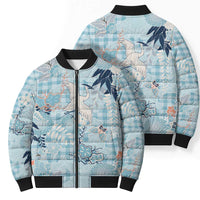 Blue Palaka Crane and Flowers Bomber Puffer Jacket Japan Heritage Spirit - Polynesian Pride