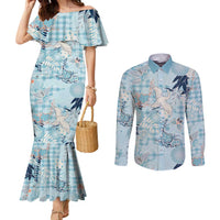 Blue Palaka Crane and Flowers Couples Matching Mermaid Dress and Long Sleeve Button Shirt Japan Heritage Spirit - Polynesian Pride