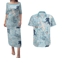 Blue Palaka Crane and Flowers Couples Matching Puletasi and Hawaiian Shirt Japan Heritage Spirit - Polynesian Pride