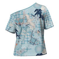 Blue Palaka Crane and Flowers Cross Shoulder Shirt Japan Heritage Spirit - Polynesian Pride