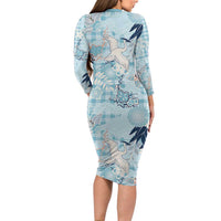 Blue Palaka Crane and Flowers Family Matching Long Sleeve Bodycon Dress and Hawaiian Shirt Japan Heritage Spirit - Polynesian Pride