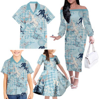 Blue Palaka Crane and Flowers Family Matching Off The Shoulder Long Sleeve Dress and Hawaiian Shirt Japan Heritage Spirit - Polynesian Pride