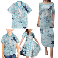 Blue Palaka Crane and Flowers Family Matching Puletasi and Hawaiian Shirt Japan Heritage Spirit - Polynesian Pride