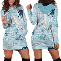 Blue Palaka Crane and Flowers Hoodie Dress Japan Heritage Spirit - Polynesian Pride