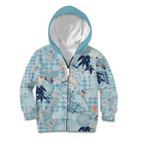 Blue Palaka Crane and Flowers Kid Hoodie Japan Heritage Spirit - Polynesian Pride