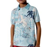 Blue Palaka Crane and Flowers Kid Polo Shirt Japan Heritage Spirit - Polynesian Pride