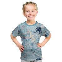 Blue Palaka Crane and Flowers Kid T Shirt Japan Heritage Spirit LT9 Blue - Polynesian Pride